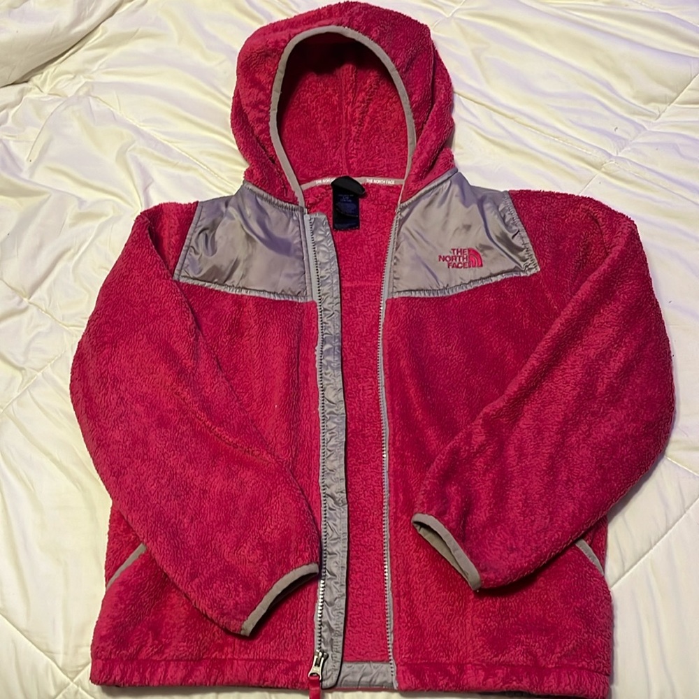 North face pink zip up hoodie jacket, pink